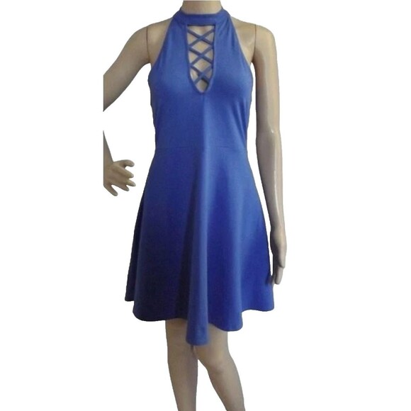 NWT Express Blue Knit Dress Sz L Criss Cross Chest Open Back Mini Halter Choker - Picture 2 of 14